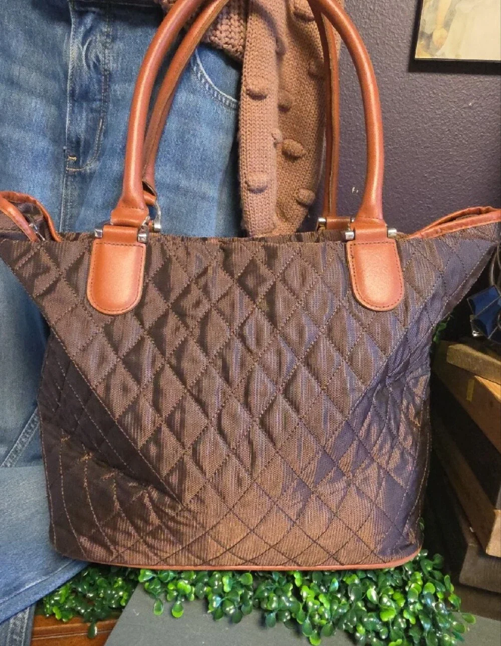 Quilted Shimmery Brown Tote with Tan Trim & Striped Interior
